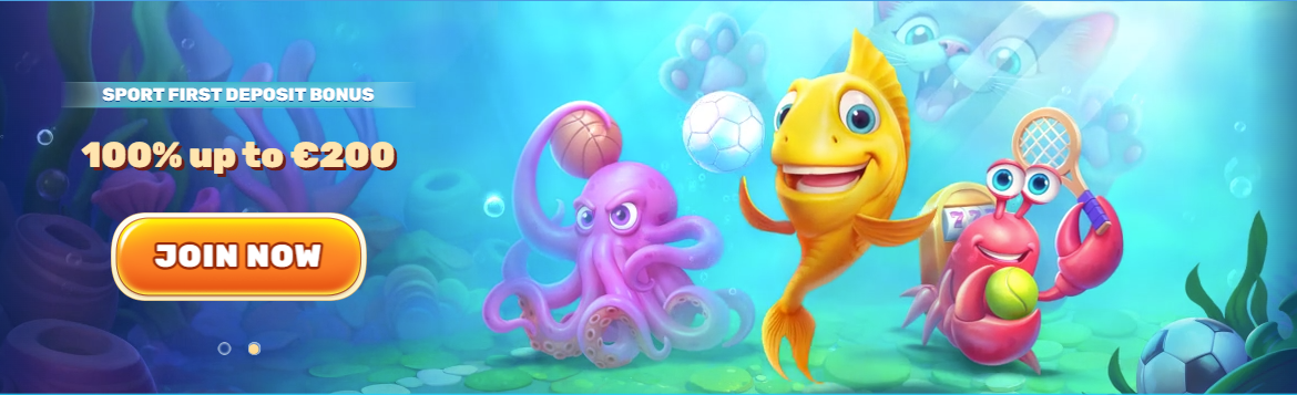 nderwater-themed casino promotion showing a smiling yellow fish spinning a wheel, a purple octopus holding cards, and a red crab slot-machine character surrounded by chips.