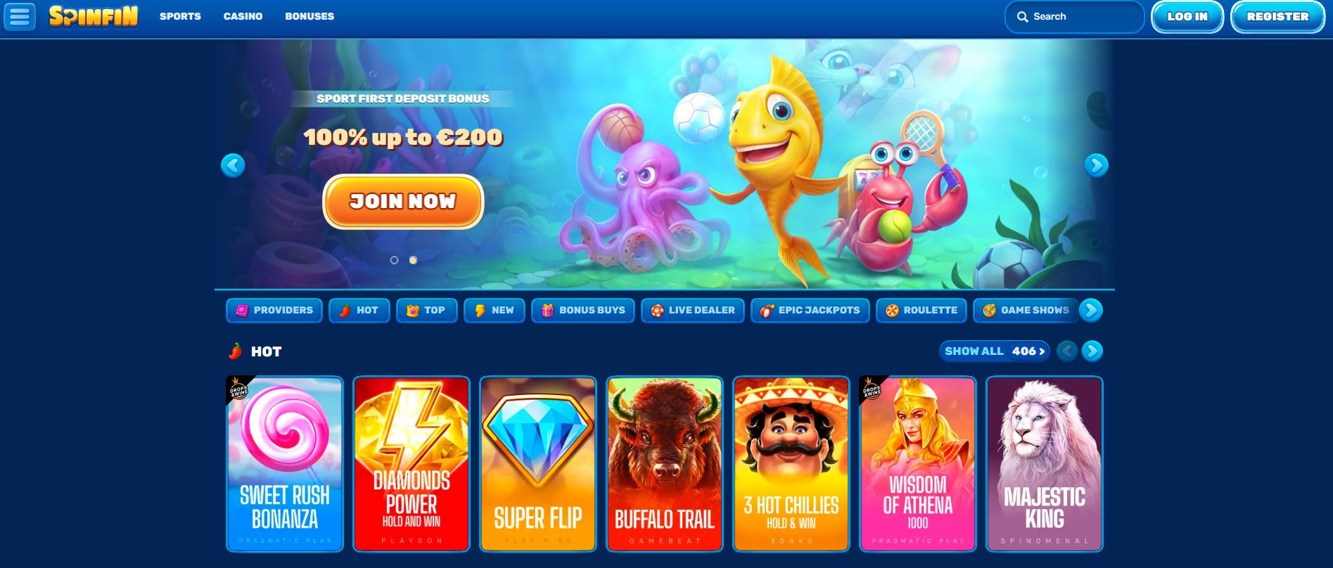 Online casino website header with cartoon underwater theme, showing octopus holding cards, fish holding poker chips, and crab with coins