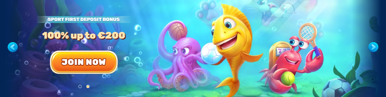 nderwater-themed casino promotion showing a smiling yellow fish spinning a wheel, a purple octopus holding cards, and a red crab slot-machine character surrounded by chips.